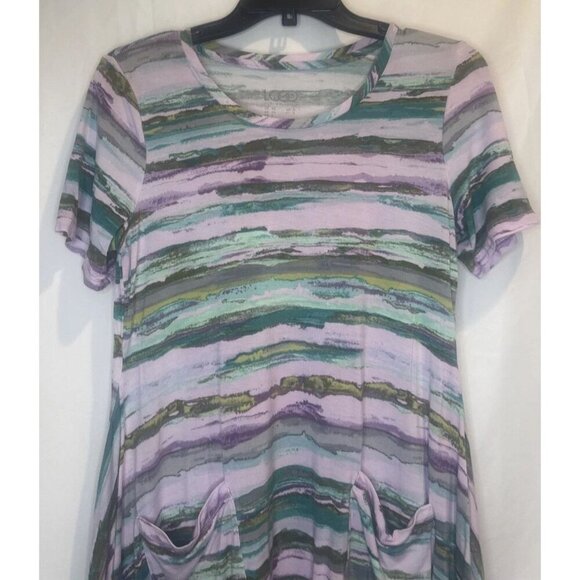 LOGO Lori Goldstein Short Sleeve Knit Pullover Handkerchief Hem Tunic Top Sz XS - Picture 2 of 7